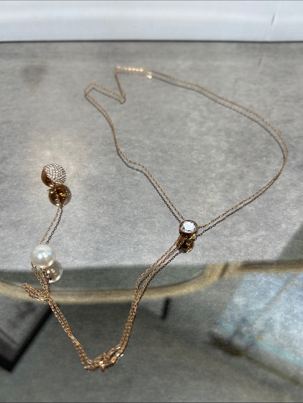 Swan Swarovski Rose Gold Lariat Necklace with Crystal and Glass Pearl Accents - Picture 3 of 7